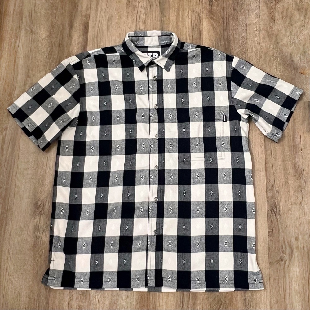 FTP Plaid Short Sleeve‎ Button Up Shirt Black White Diamond Pattern Size M